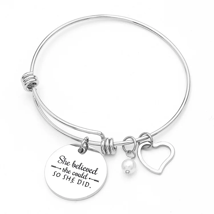 

Stainless steel Inspirational jewelry message adjustable bangle bracelet, Bead string Wire bracelet Heart Jewelry for Girls