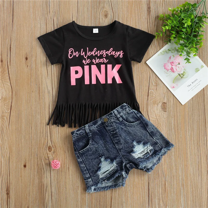 

summer toddler Girl outfit Set kids girls short sleeve tassels t tops+denim shorts 2pcs clothes set, As image shown