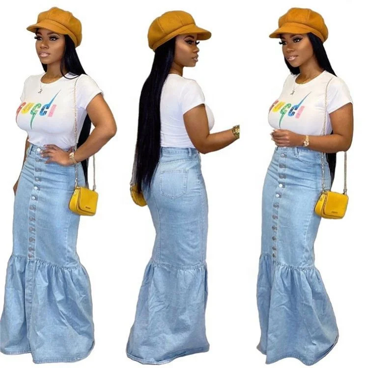 

Best Seller High Waist Button Splicing Maxi Bud Ladies Woman Denim Skirt Fashion Boutique Clothing