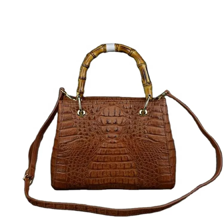 

Tan brown crocodile skin medium tote bags with bamboo handle customized lady handbags brand designer women bags