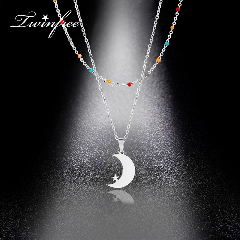 

New 2pcs/set Necklace Set for Women Girls Jewelry Clavicle Chain Beaded Stars Moon Stainless Steel Necklaces