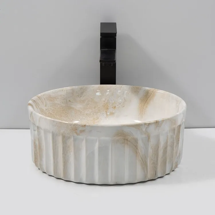 round-marble-bathroom-sink-9743-P-519-front-elevation-full-fluted-exterior-white-onyx-cloud-pattern-warm-grey-background round-marble-bathroom-sink-9743-P-519-front-elevation-full-fluted-exterior-white-onyx-cloud-pattern-warm-grey-background