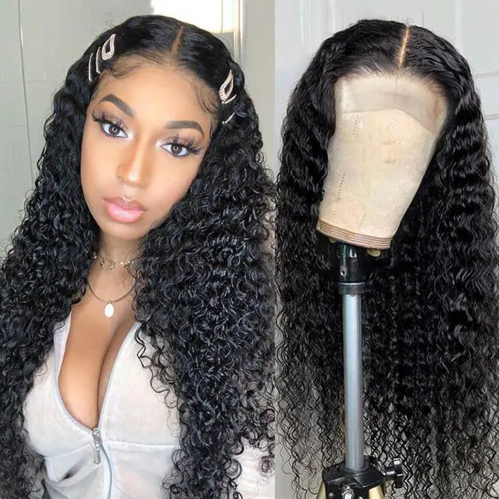 

5x5 Deep wave curly 150% Density brazilian cheap 100% virgin human hair HD swiss transparent lace closure wig with baby hair