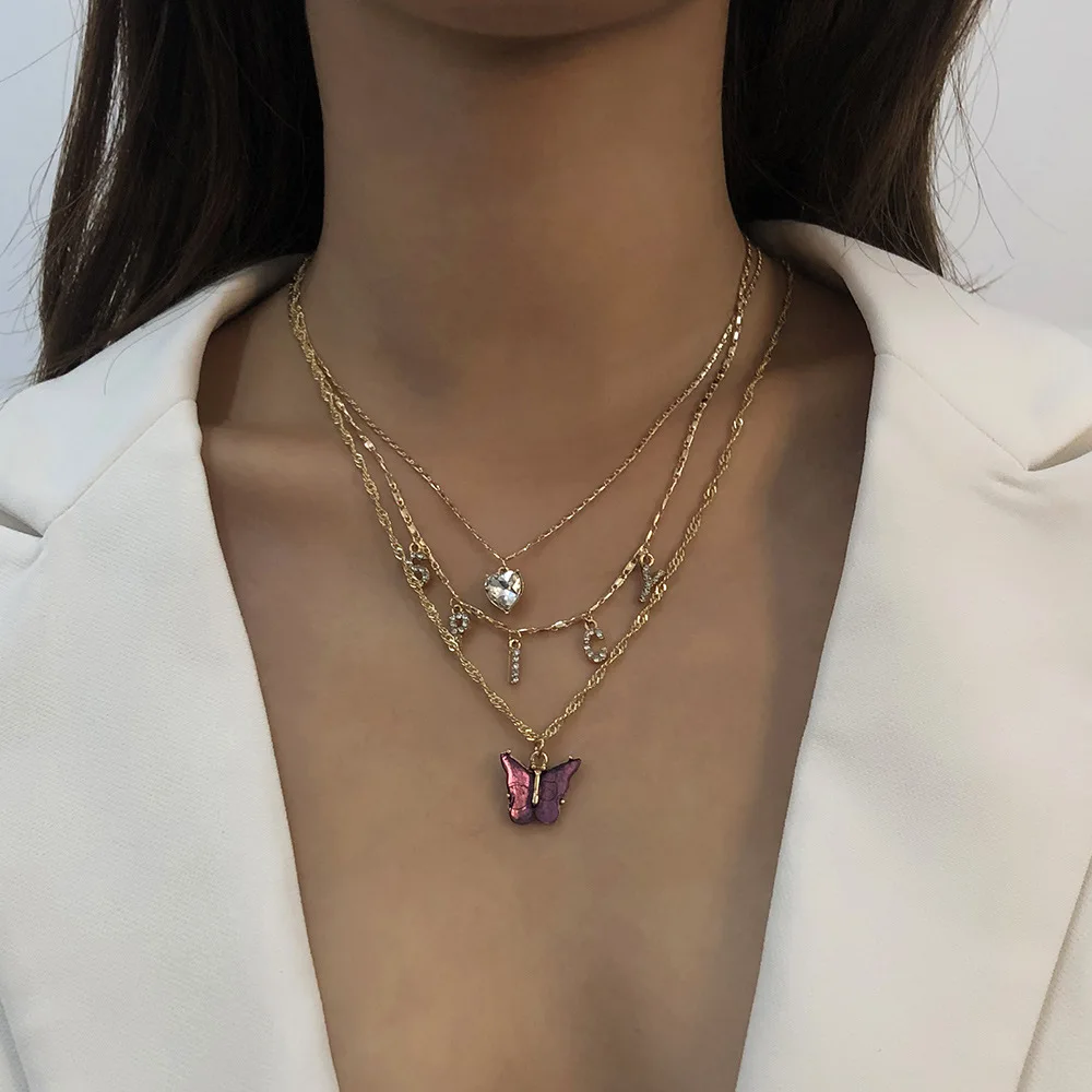 

Womens Accessories 2020 Necklace Double Chain Necklaces Sets Crystal Butterfly Cuban Necklace Pendant