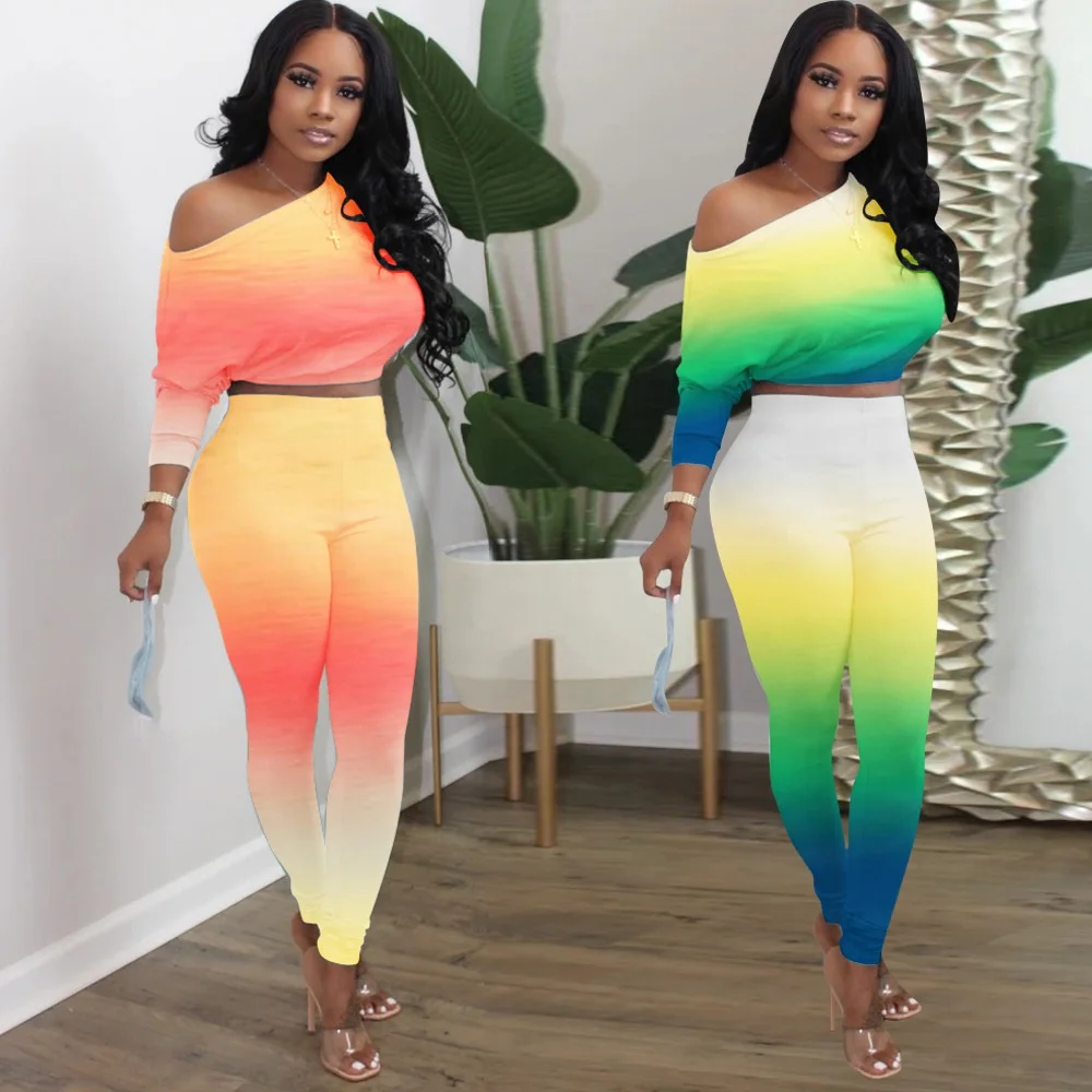 

XY8032 New fashion ombre 2 pcs sets women's fall clothing elegant fitness high waist bodysuit and pants set, As picture or customized make