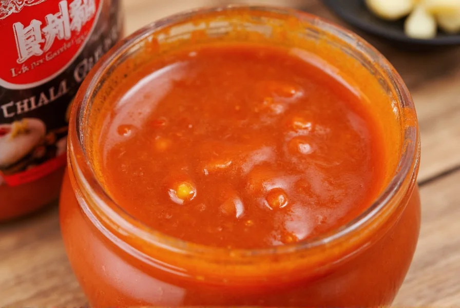 Close-up of LKK Chili Garlic Sauce bottle showing its thick, reddish-orange texture with visible garlic and chili flakes