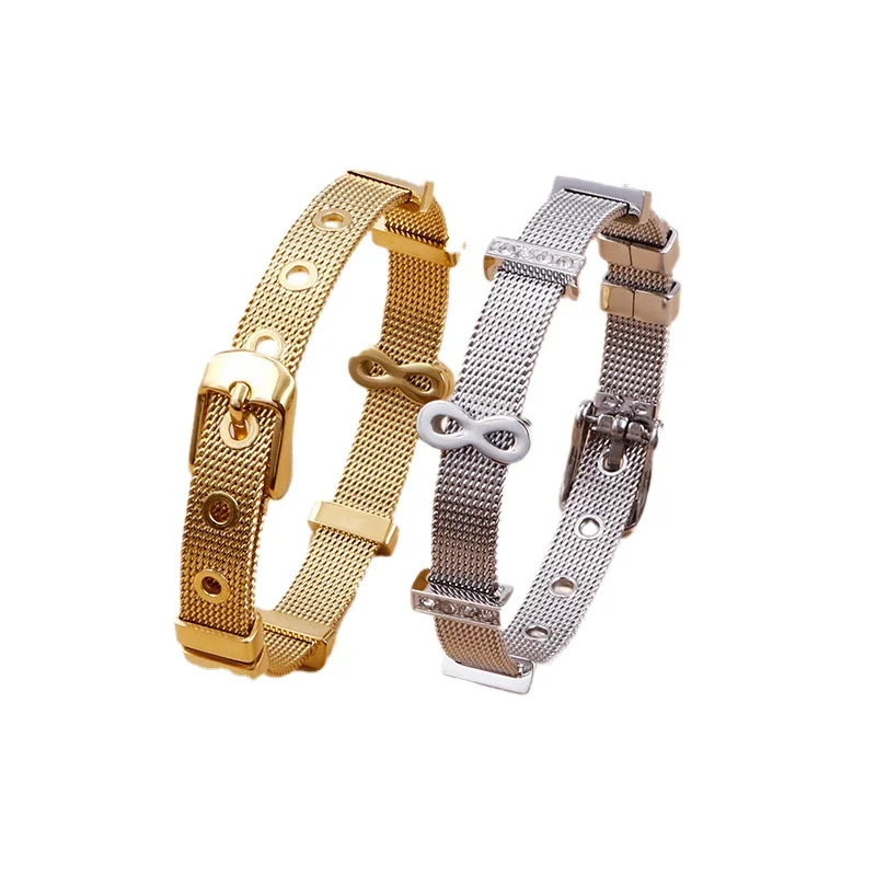 

Fashional Stainless Steel Watch Belt Crystal Couple bracelet Peace Letter Symbol Bracelet Simple Mesh Watch Strap Women Bracelet