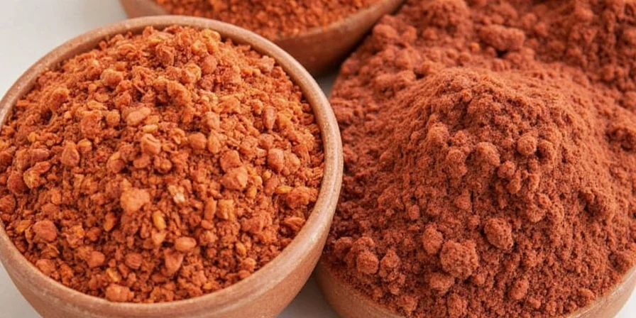 Texas chili powder on a wooden table with chili peppers