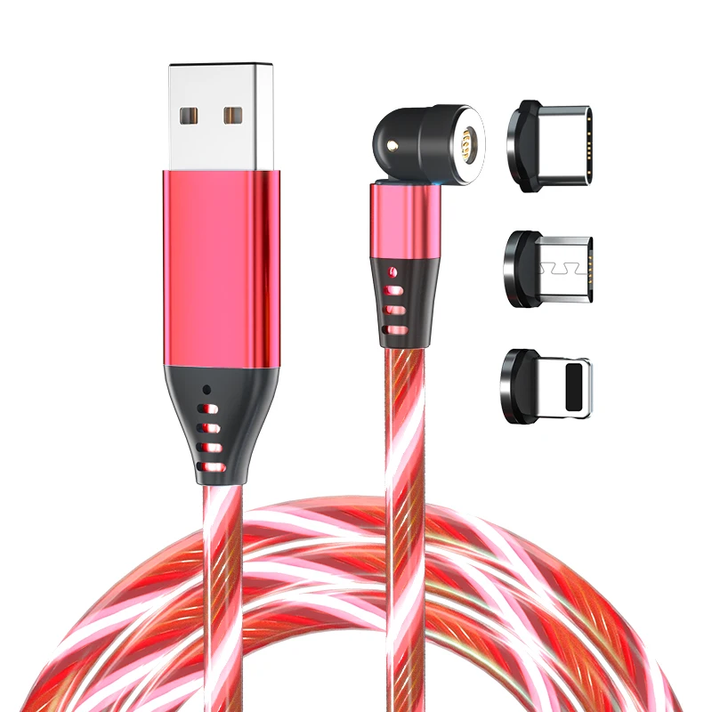 

for Iightning micro type-c 540 rotation 2A 3A 15w 18w 3 in 1 QC3.0 date led glowing charge new magnetic fast charging usb cable, Red/black/purple