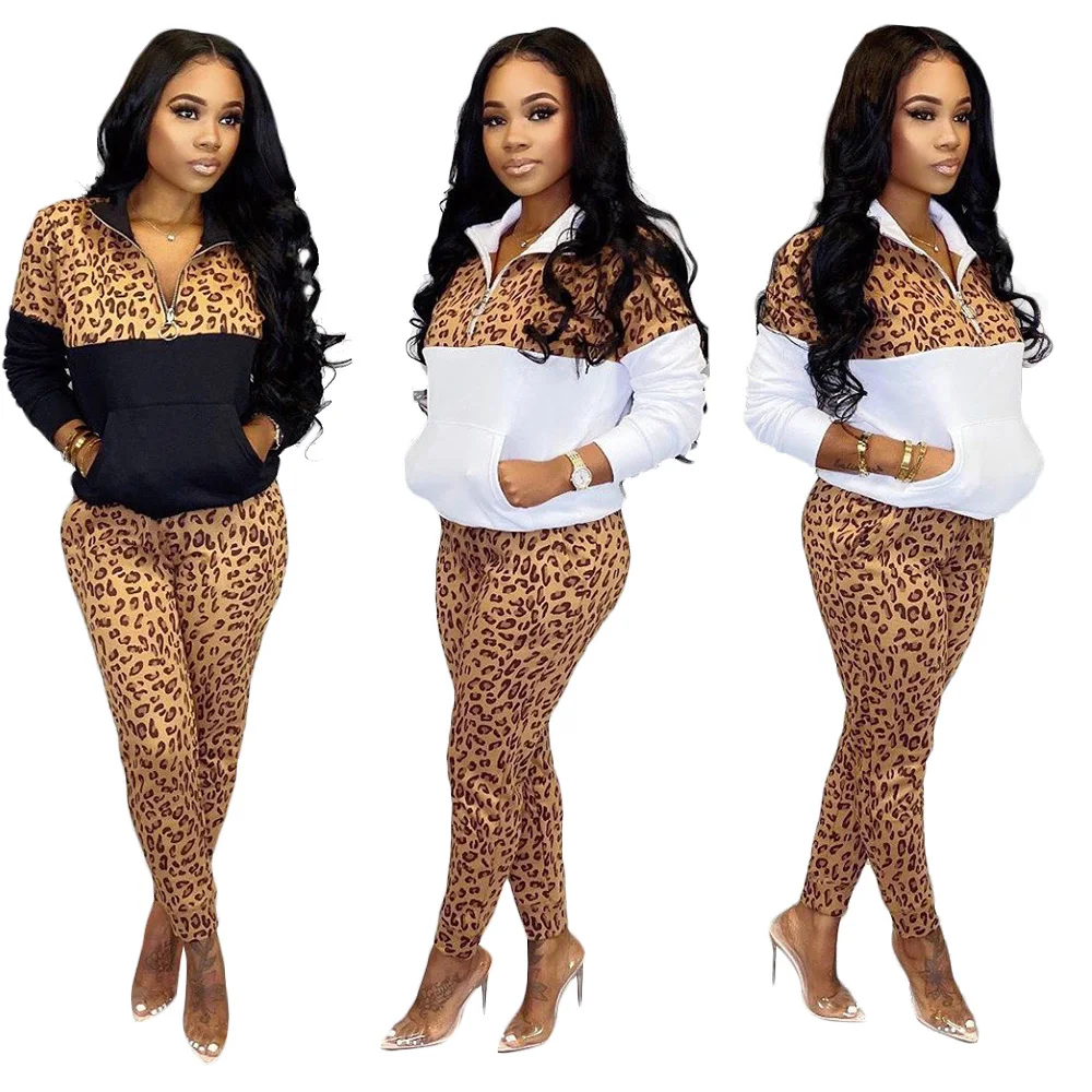 

2021 New Design Leopard Women Fall Clothing Winter Stylish Tracksuit Two Piece Sport Set For Women