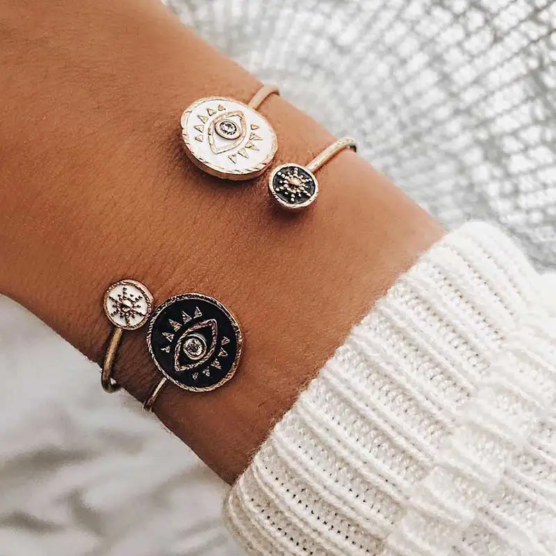

Personalized Enamel Black White Evil Eye Charm Cuff Bangle Bracelets For Women