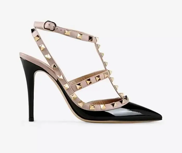 

Stud Women Luxury brand Sexy High Heels Tube Shoe Patent Leather Metal Rivet Sandals