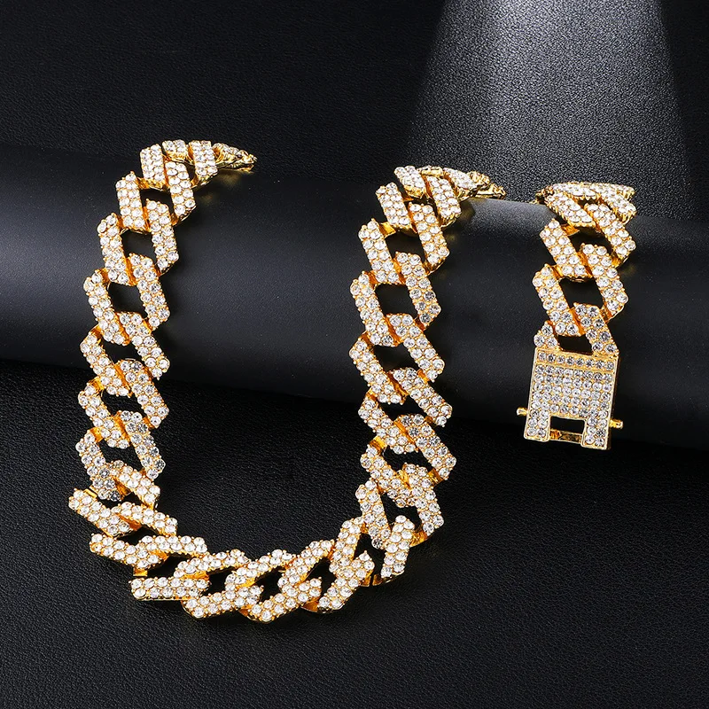 

High Quality Gold Plating 20mm Iced Out Hip Hop Cuban Chain Full Bling Crystal Miami Cuban Chain Hip Hop Necklace
