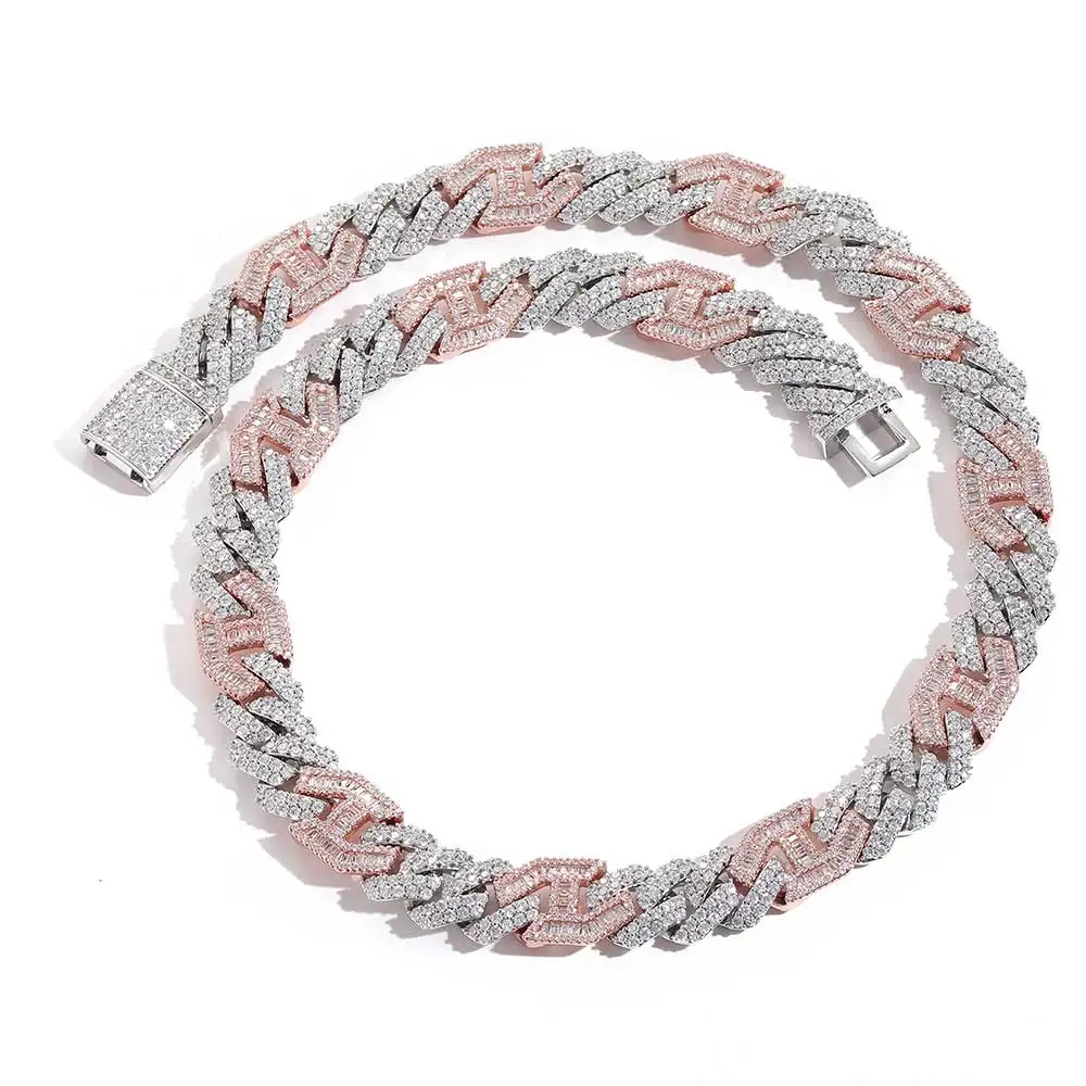 Hip Hop 15mm Iced Out Cuban Link Chain Shiny CZ Stone Pink Silver Plated Two Tone Cuban Link Necklace