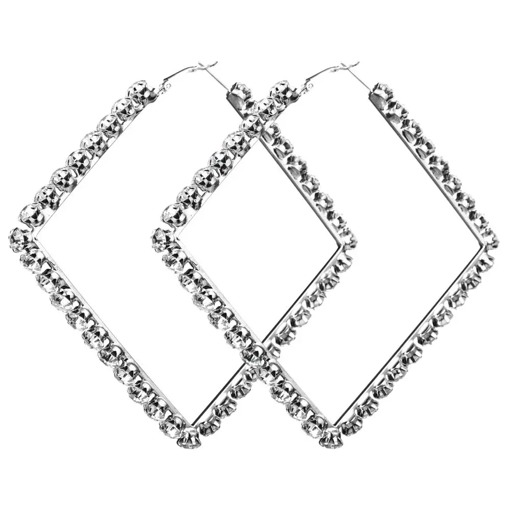 

2020 New Fashion Punk Style Big Large Silver Plated Crystal Diamond Square Hoop Earrings, Multi,gold,silver