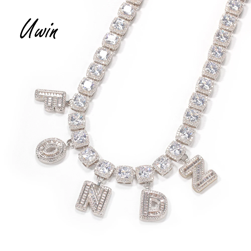 

New Personalized Initial Baguette Letter Charm Name Necklace Baguette CZ ChainCustomize Jewelry, Gold, silvery