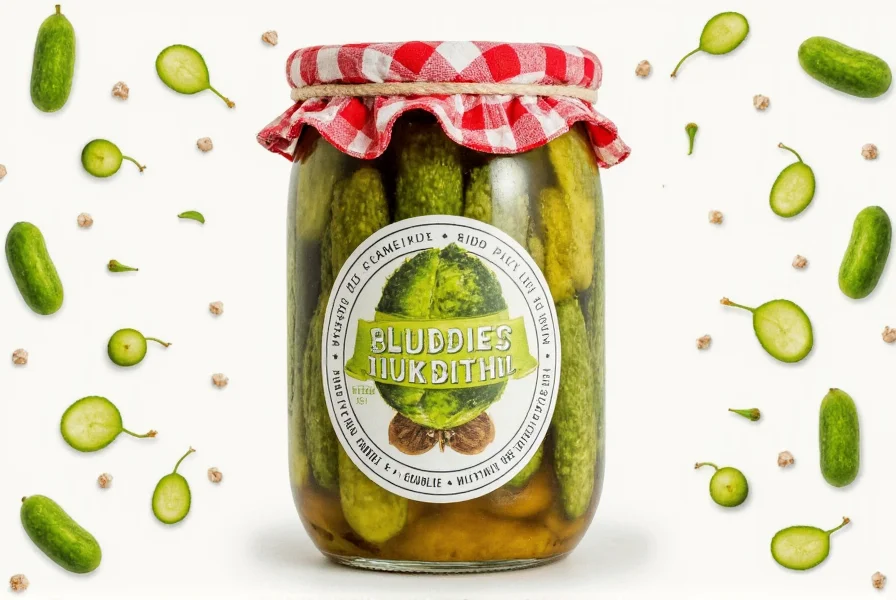 Bubbies pickle jars lined up on a shelf