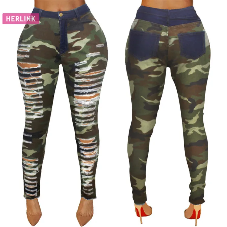 

H1547 ladies latest fashion scratch camouflage denim jeans