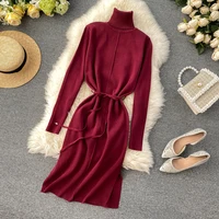 

Wholesale Fall Winter Womens Slim Dresses Turtle Neck Solid Color Knitting Sweater Dresses