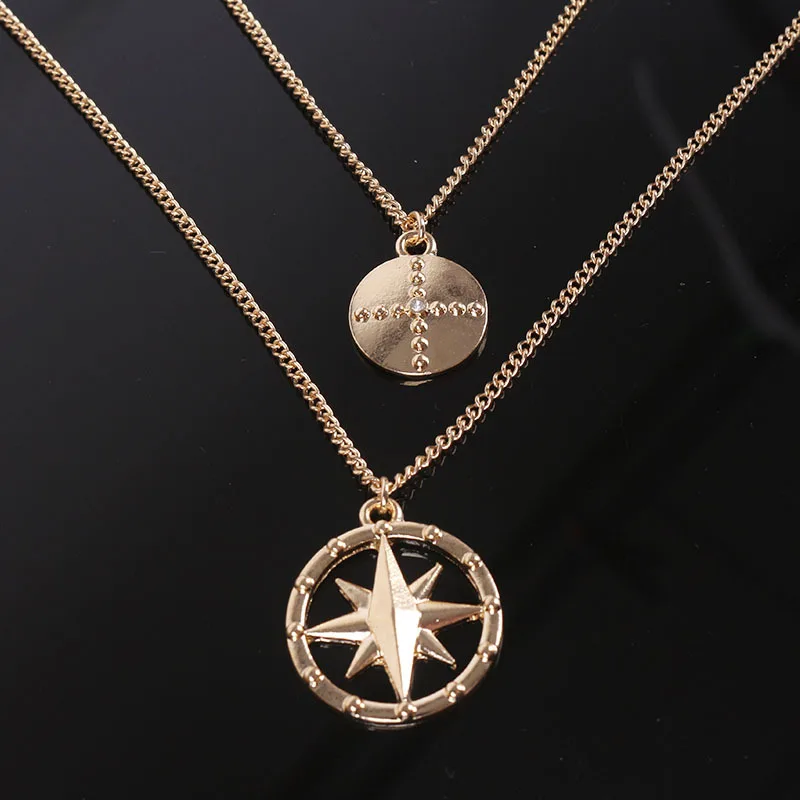 

DanYuan Jewelry Wholesale Polaris Star of David Sunflower Cross Coin Necklace Double Layered Multilayer Necklace Women Female, Picture