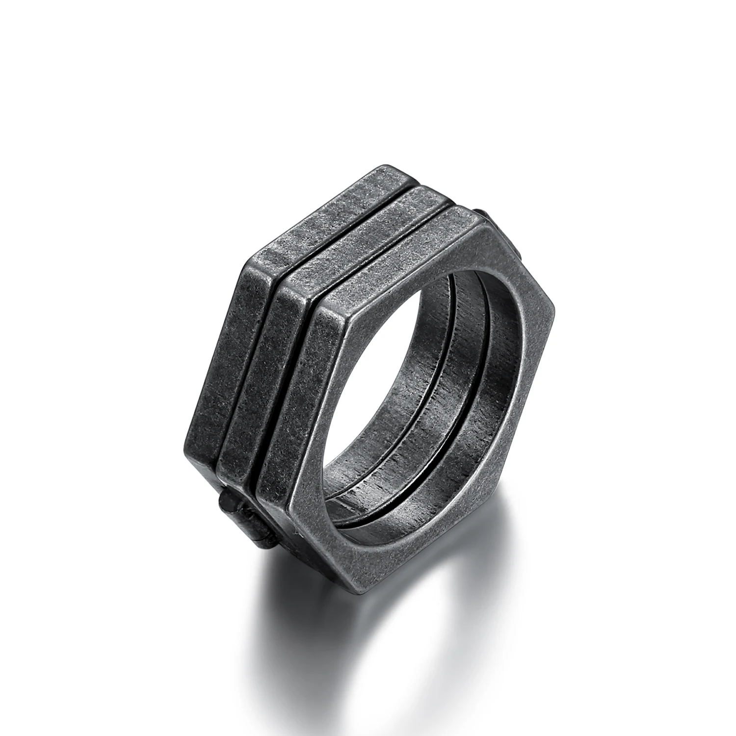 

2021 Trend Jewelry hexagon anxiety rings triple layer band finger rings stainless steel men's three knuckle rings, Black