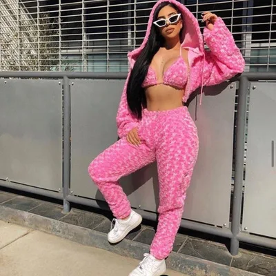 

Fuzzy Pink Sexy Women 3 Piece Sets Women Clothing 2022 Streetwear Rave Festival Club Wear Trendy Outfits Matching Sets, As pictures