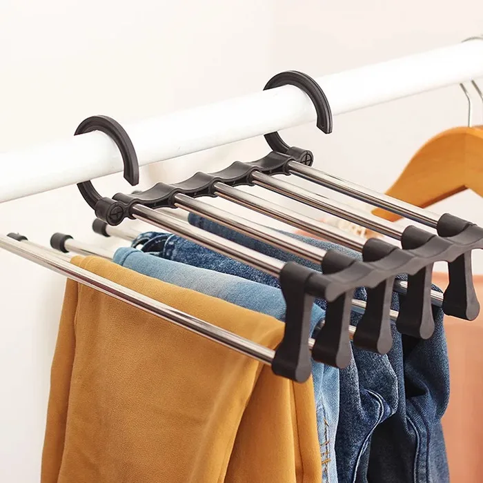 

Multifunctional Retractable Foldable Stainless Steel Hangers trouser pant hangers steel clothes pants 5 layer hanger