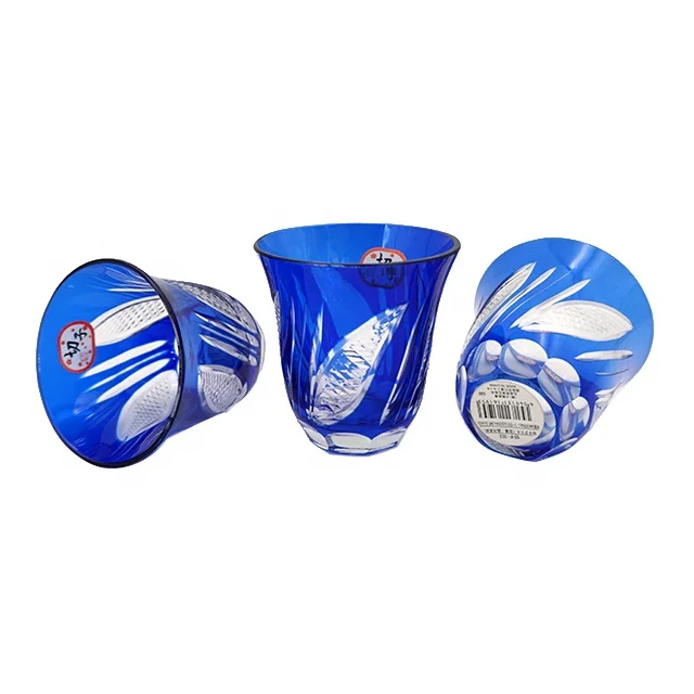 

Hand cut blue cut to clear shot glass small glass tea cup with leaf pattern