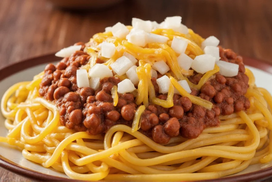 Nahaufnahme von Chili 5-Way mit Spaghetti, Chili, Käse, Zwiebeln und Kidneybohnen