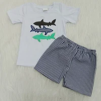 

Summer Style Boys Casual Wear Outfit Kids Embroidery Fish T-shirts Seersucker Shorts 2 Pieces Clothes Sets