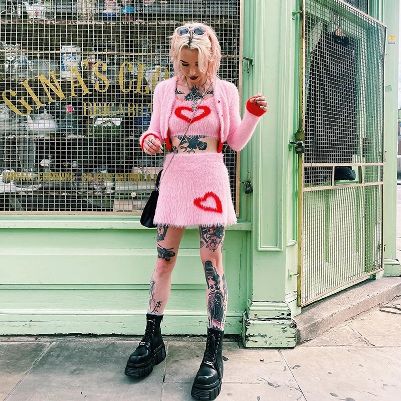 

2021 fall sweety heart halter Knitted Tank Top Long Sleeve Button Coat Sweater And Slim Mini Skirt Sexy Sweet Girl 3 Piece Sets