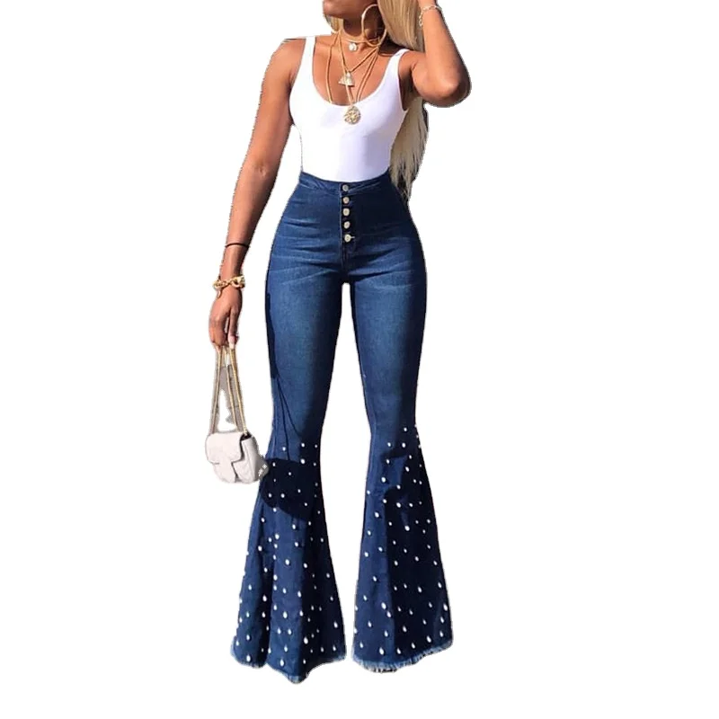 

2021 fashion women denim jeans casual full length flare pants beaded washed plus size denim jeans, As picture
