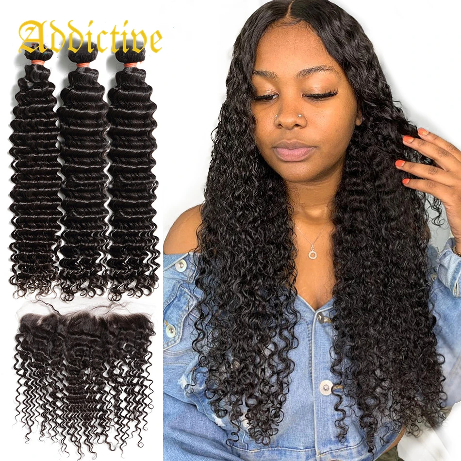 

Addictive 10A Unprocessed Brazilian Virgin Hair Bundles With Frontals Ear To Ear Lace Frontal Closure Deep Wave