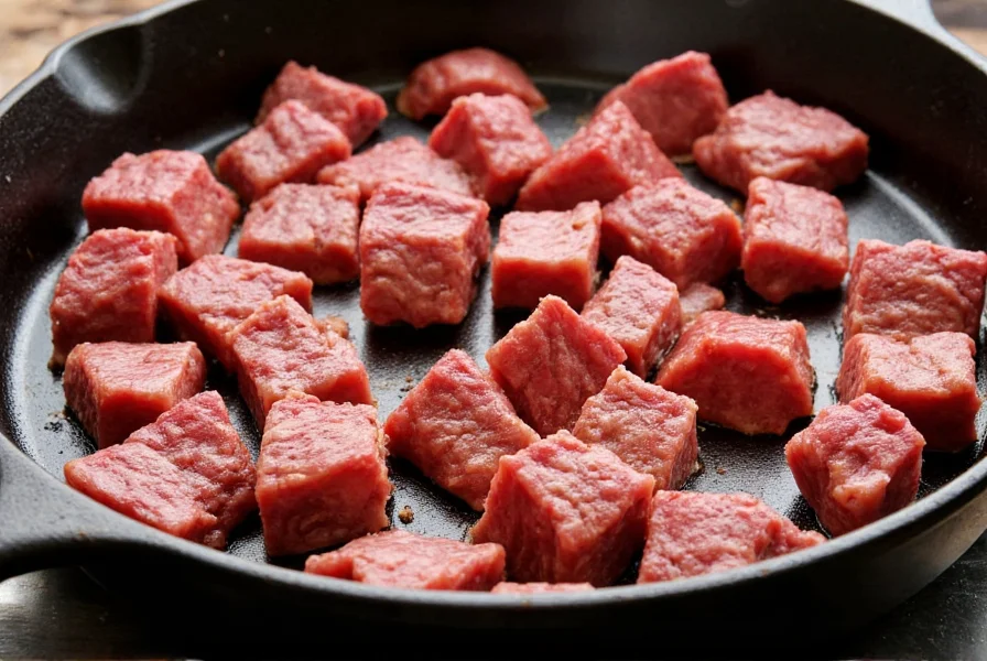 Perfectly cubed chuck roast pieces ready for searing in cast iron skillet for steak chili recipe