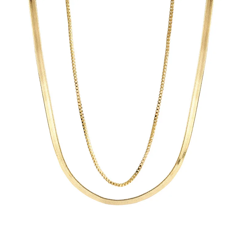 

Women Simple Style Double Layers 18K Gold Plated Box Chain Clavicle Necklace Stainless Steel Flat Snake Chain Necklace