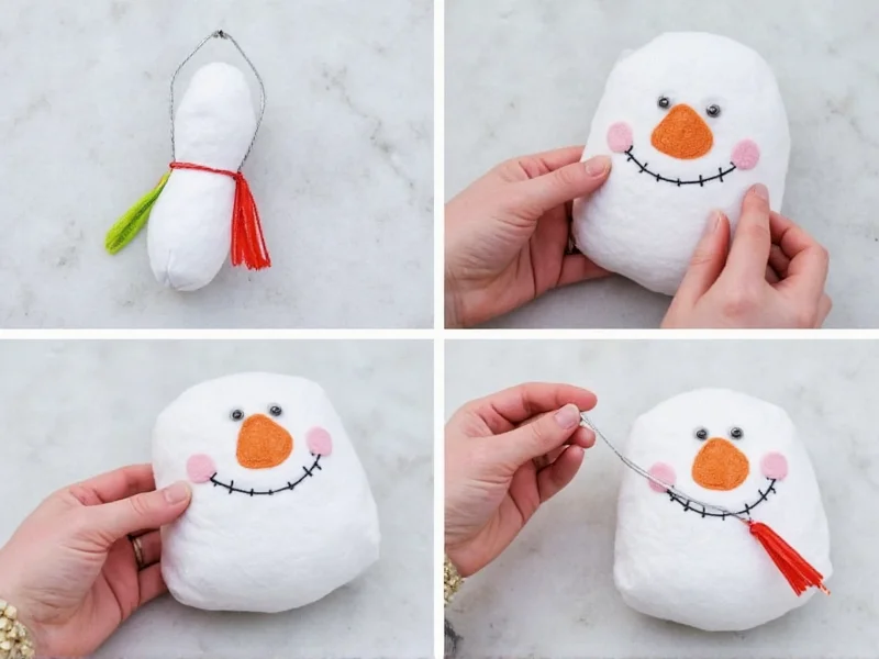 Step-by-step fabric snowman ornament assembly process