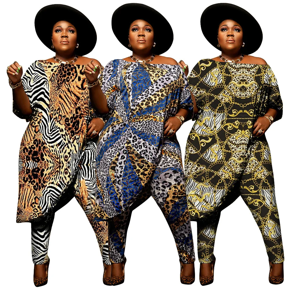 

Hot Sale M04626 - sexy printed off shoulder long t shirt and pants women 2 piece set plus size