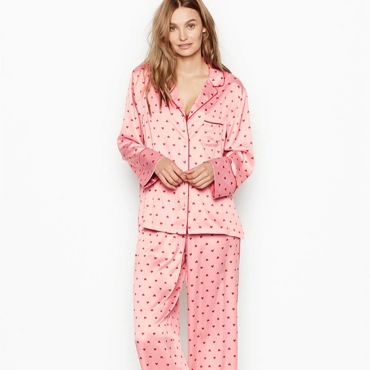 

Womens 2 Piece Sets rube Heart Print Long Sleeve Women Night satin Sleepwear silk pyjamas, 2 colors as pic shows, can do customized color