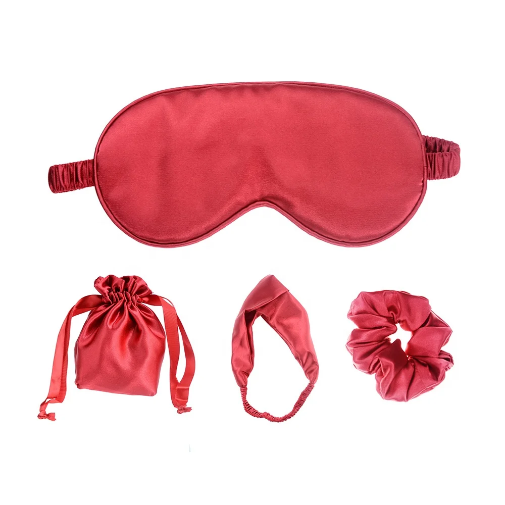 

Red Soft Faux Silk Satin Eye Mask Sleeping With Head Band And Hair Scrunchies In Gift Bag, 128 existing colors or pantone color