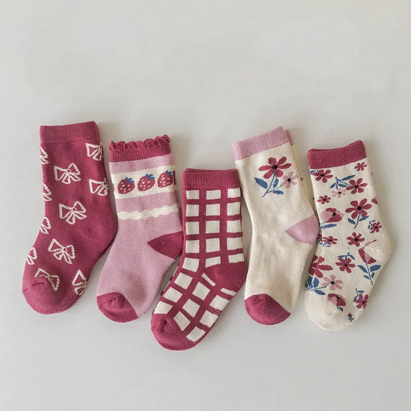 

Custom Baby New Fashion Winter Thick Warm High Quality Cute Cartoon Floral Cotton Crew Socks Sweet Children Socks Dropshipping, 12 colors