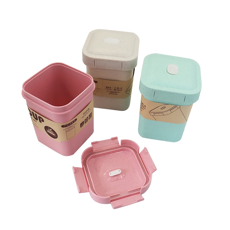 

New Design Wheat Straw Breakfast Cup Eco Friendly 550ML Square Soup Bowl With Lid Soup Container,Food Storage Container, Pink,green,white