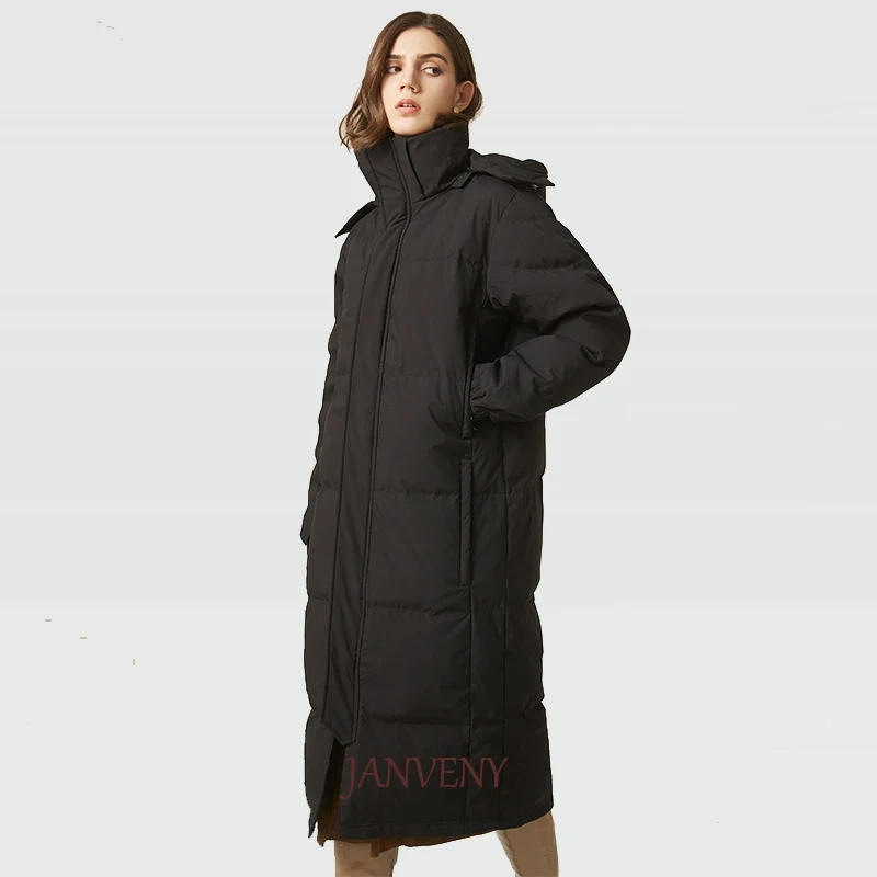 

JANVENY 2021 Women White Duck Down Jacket X-Long Black Thick Warm Knee Length Couples Puffer Coat Zipper Hooded Clothing