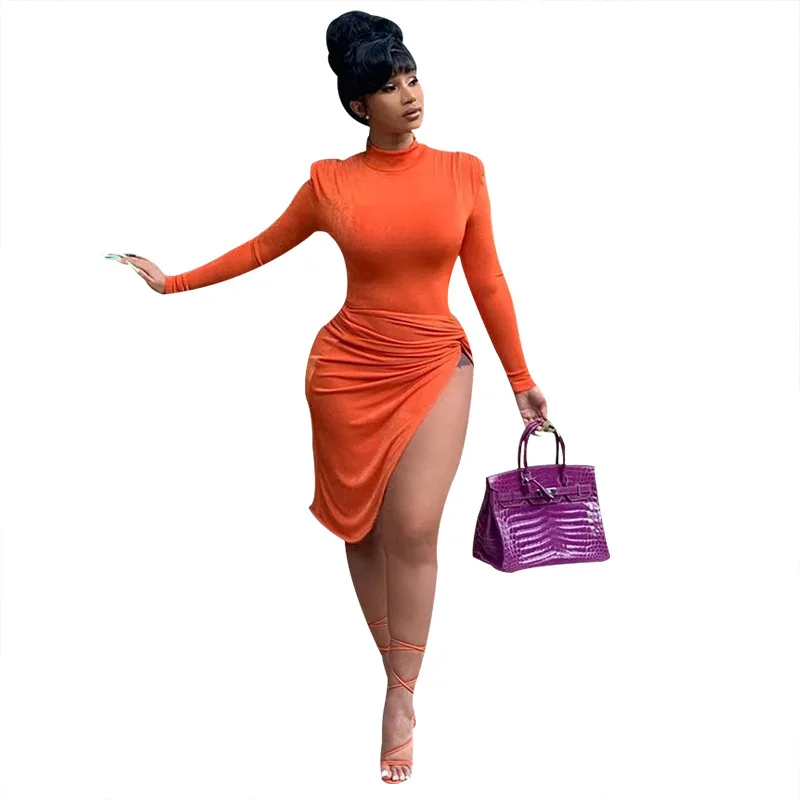 

2021 Full Sleeve Solid Color Knee Dress Women's Spring Fashion Party Dress Bodycon Plus Size Irregular Dresses, 3colours