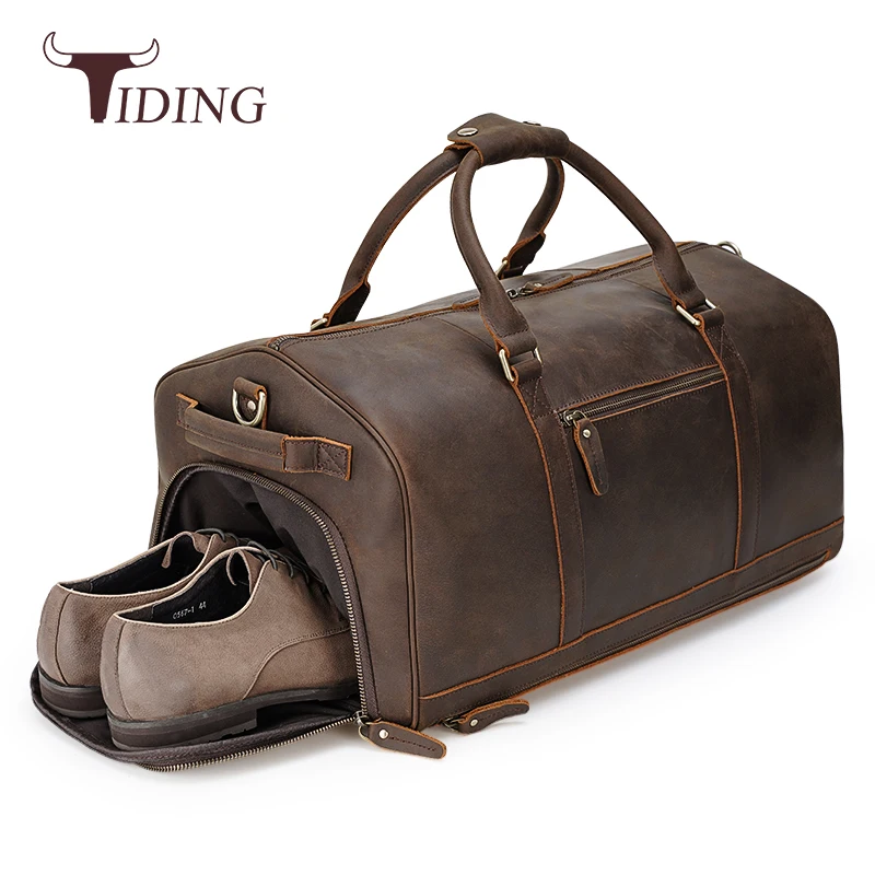 

TIDING Drop Shipping Large Capacity Weekender Overnight Holdall Genuine Leather Travel Duffel Bag With Shoes Compartment