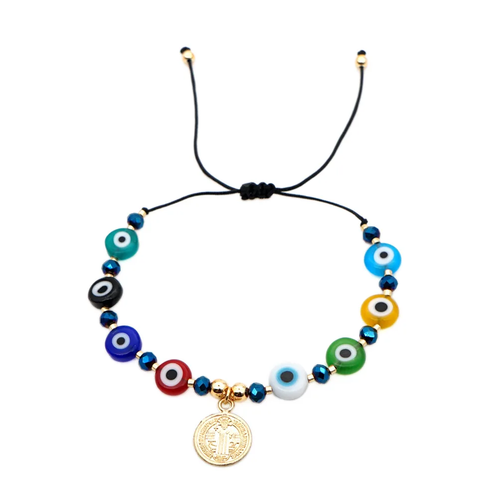 

Adjustable Charms Various Colors Glass Beads Evil Eyes Fashion Lucky Bracelet with Miraculous Medal, Various evil eye mix