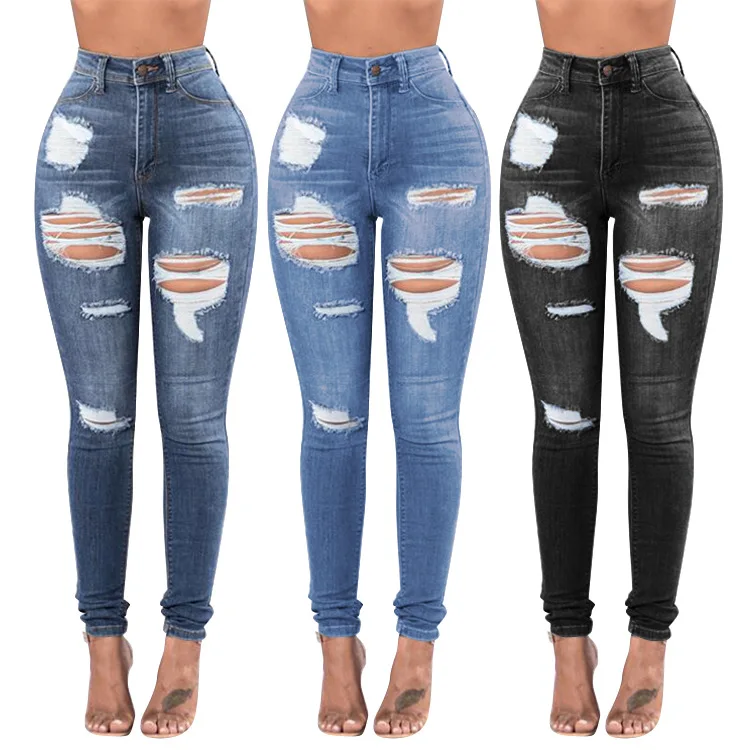 

2022 women's jeans Sexy high waisted butt lifting stretch skinny plus size women's jeans with ripped feet, Customized color/as show
