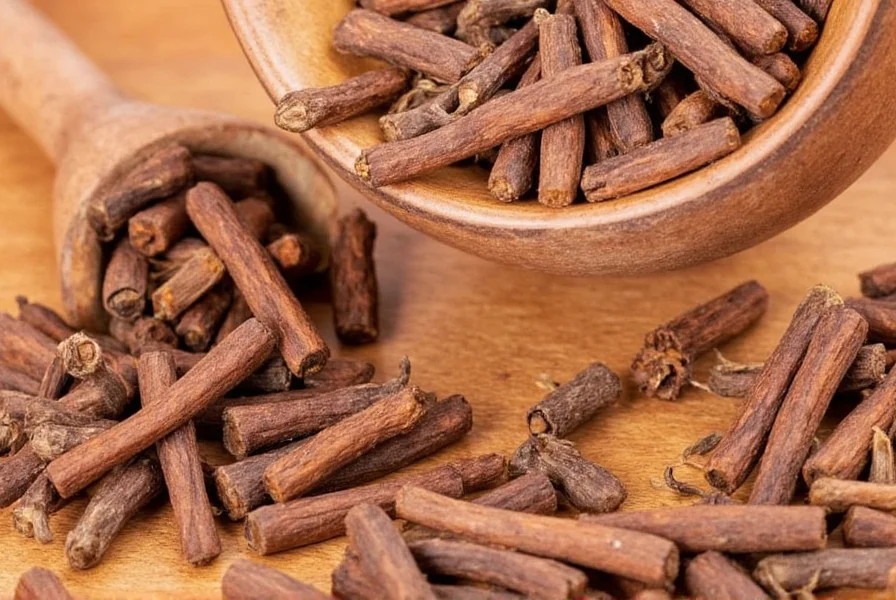 Close-up of dried cloves and brewed cloves tea in a ceramic cup