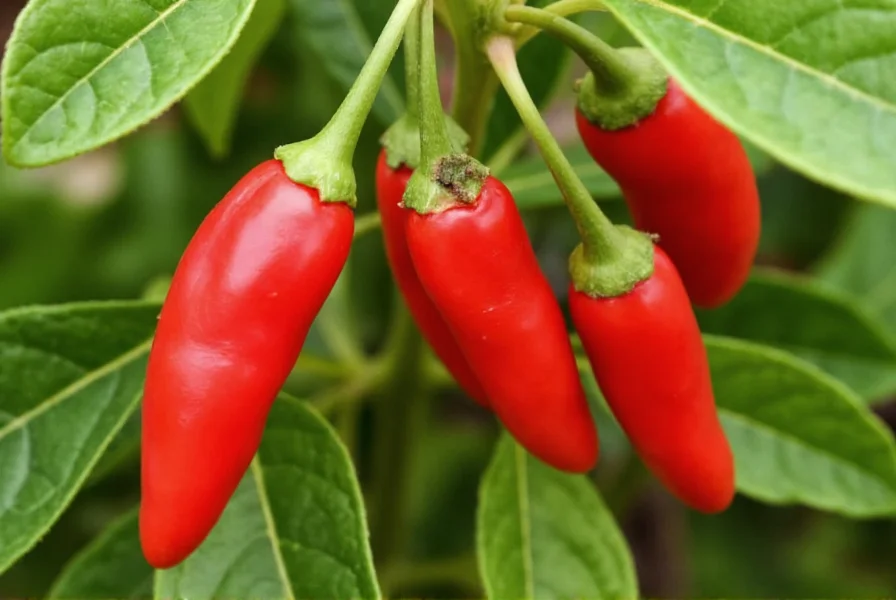 Close-up view of Carolina Reaper peppers showing their distinctive red color and stinger tail on plant