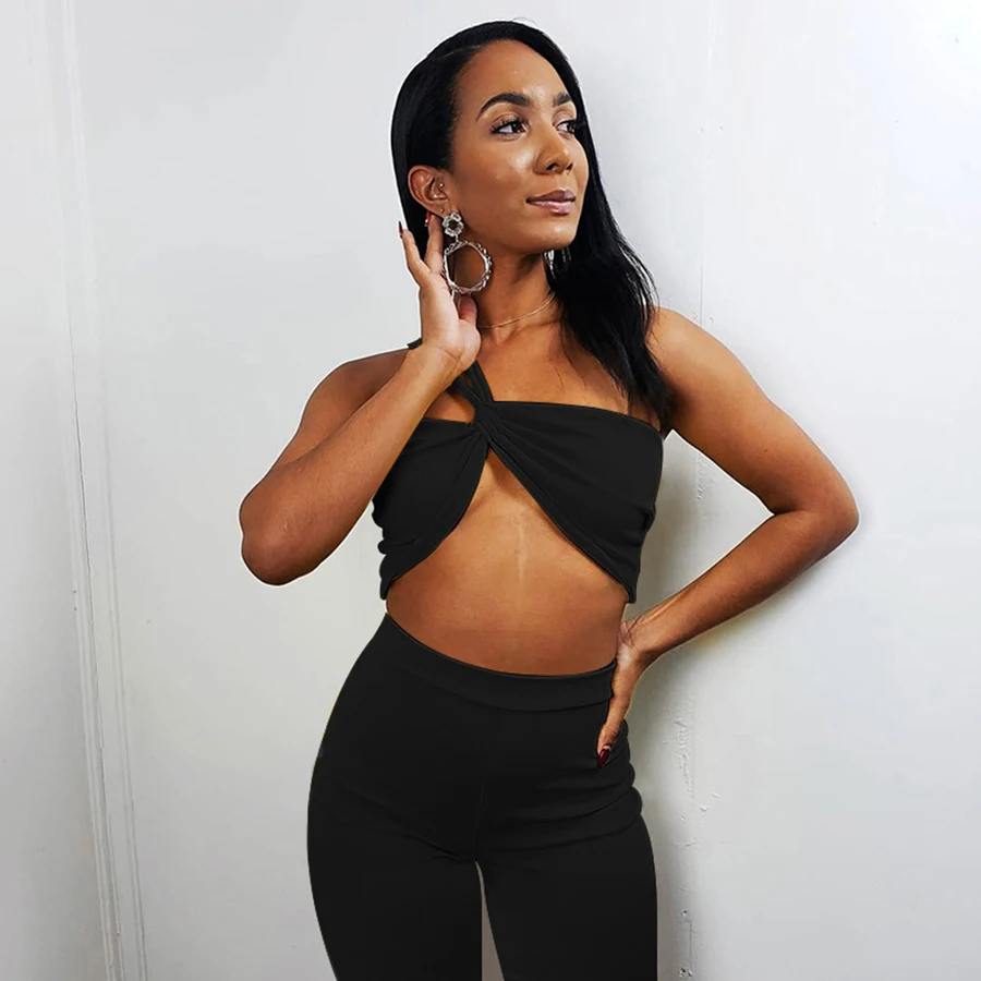 

jingyuan K21S02951 One Shoulder Sleeveless Crop Top Two Piece Pants Set 2 Piece Set Women