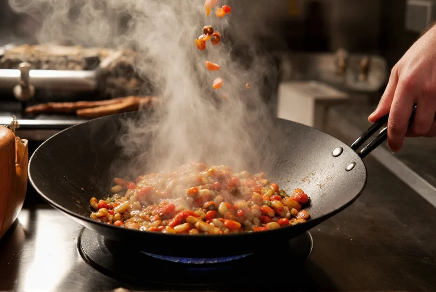 Chef's hand adding chili bean sauce to hot wok showing oil blooming technique with visible aromatic steam
